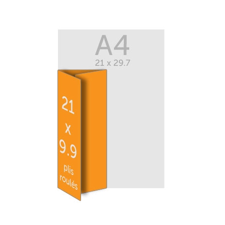 Dépliant A4 (21 x 29.7cm) ouvert 21 x 9.9 cm fermé, 2 plis roulés, 350g, vernis selectif